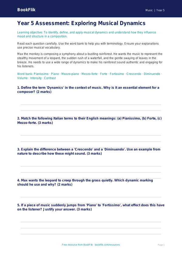 Free Dynamics Assessment | Year 5 Greater Depth | BookFlik worksheet preview — Music Dynamics