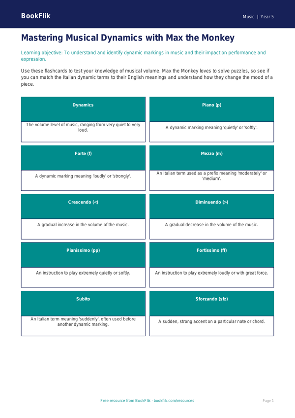 Free Dynamics Flashcards | Year 5 Greater Depth | BookFlik worksheet preview — Music Dynamics