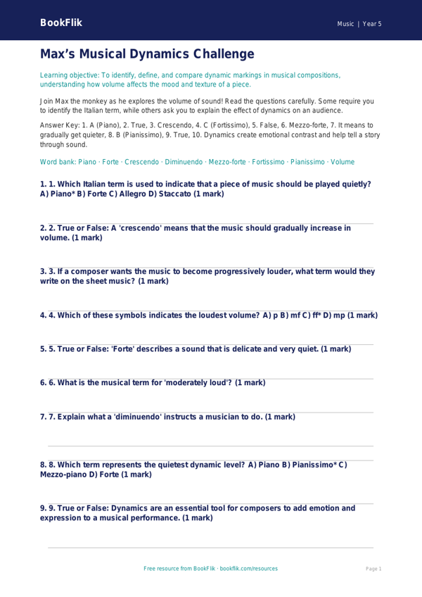 Free Dynamics Quiz | Year 5 Greater Depth | BookFlik worksheet preview — Music Dynamics