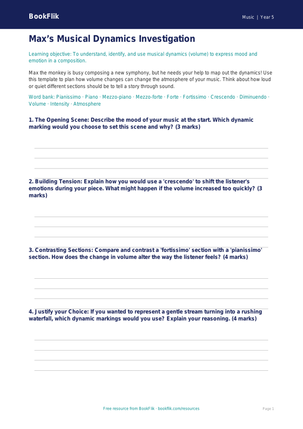 Free Dynamics Template | Year 5 Greater Depth | BookFlik worksheet preview — Music Dynamics