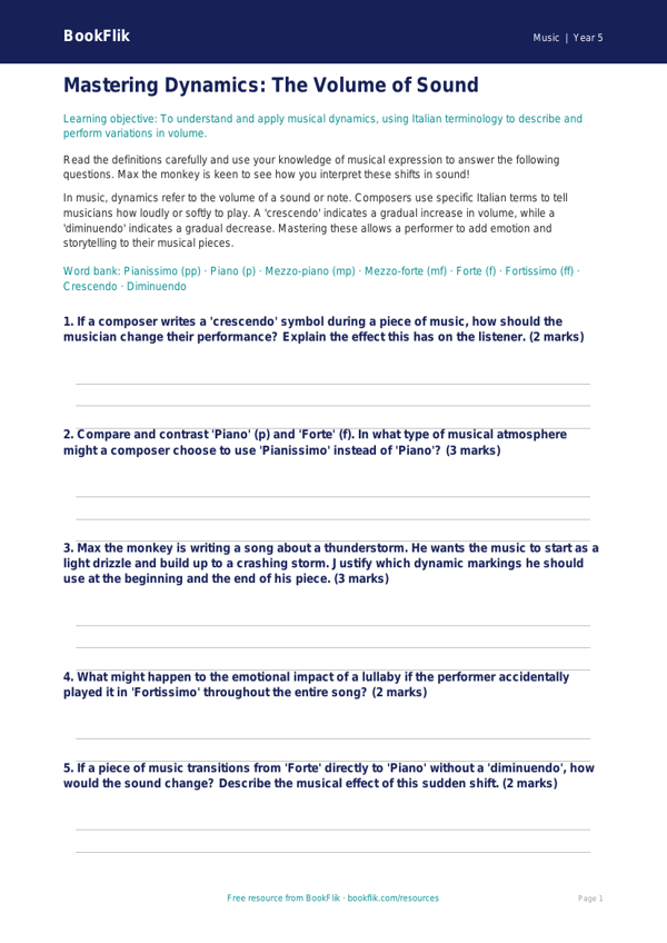 Free Dynamics Worksheet | Year 5 Greater Depth | BookFlik worksheet preview — Music Dynamics