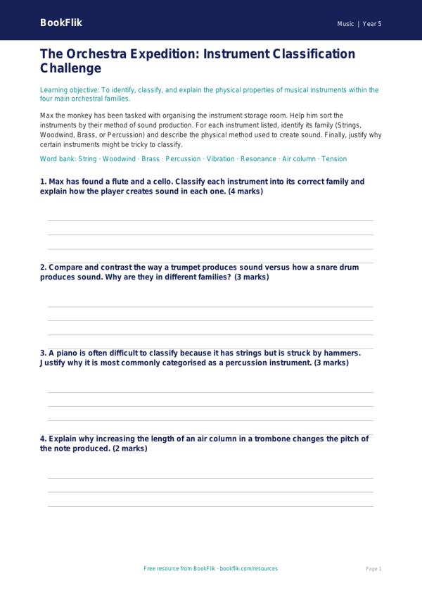 Free Instruments Activity Sheet | Year 5 Greater Depth | BookFlik worksheet preview — Music Instruments