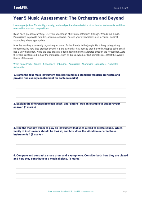 Free Instruments Assessment | Year 5 Greater Depth | BookFlik worksheet preview — Music Instruments