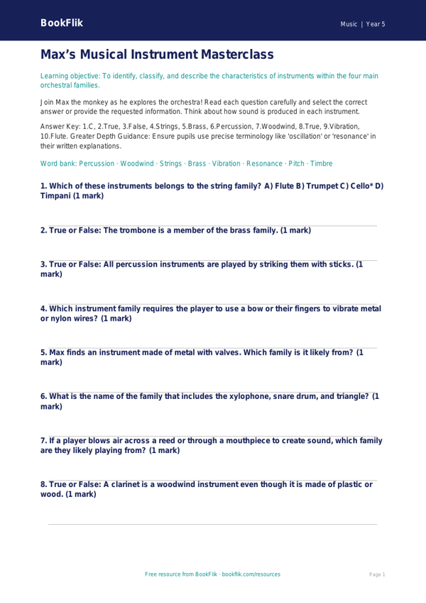 Free Instruments Quiz | Year 5 Greater Depth | BookFlik worksheet preview — Music Instruments