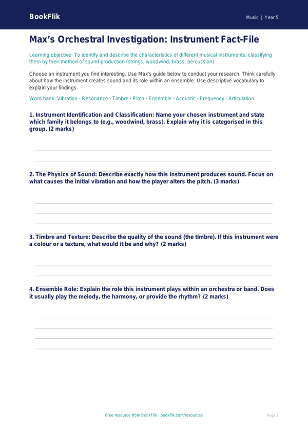 Free Instruments Template | Year 5 Greater Depth | BookFlik worksheet preview — Music Instruments