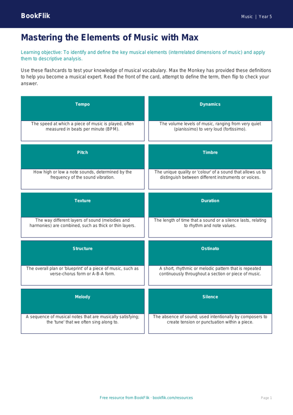 Free Musical Elements Flashcards | Year 5 Greater Depth | BookFlik worksheet preview — Music Musical Elements