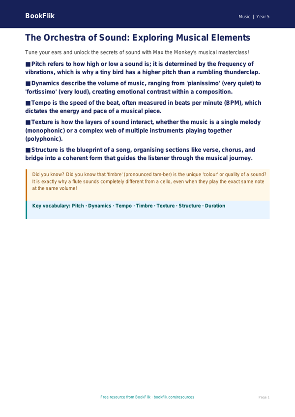 Free Musical Elements Poster | Year 5 Greater Depth | BookFlik worksheet preview — Music Musical Elements