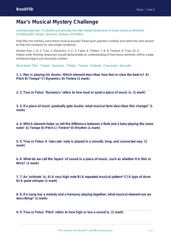 Free Musical Elements Quiz | Year 5 Greater Depth | BookFlik worksheet preview — Music Musical Elements