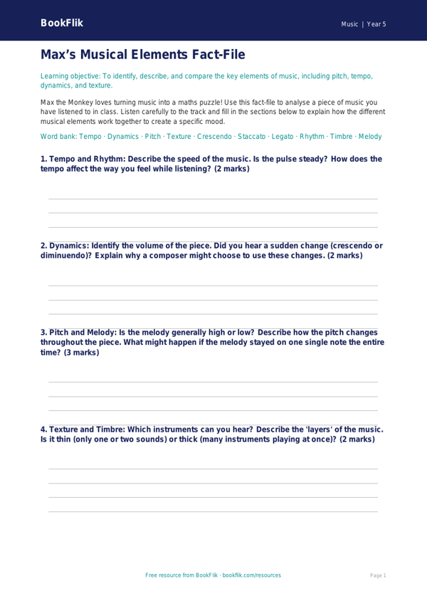 Free Musical Elements Template | Year 5 Greater Depth | BookFlik worksheet preview — Music Musical Elements