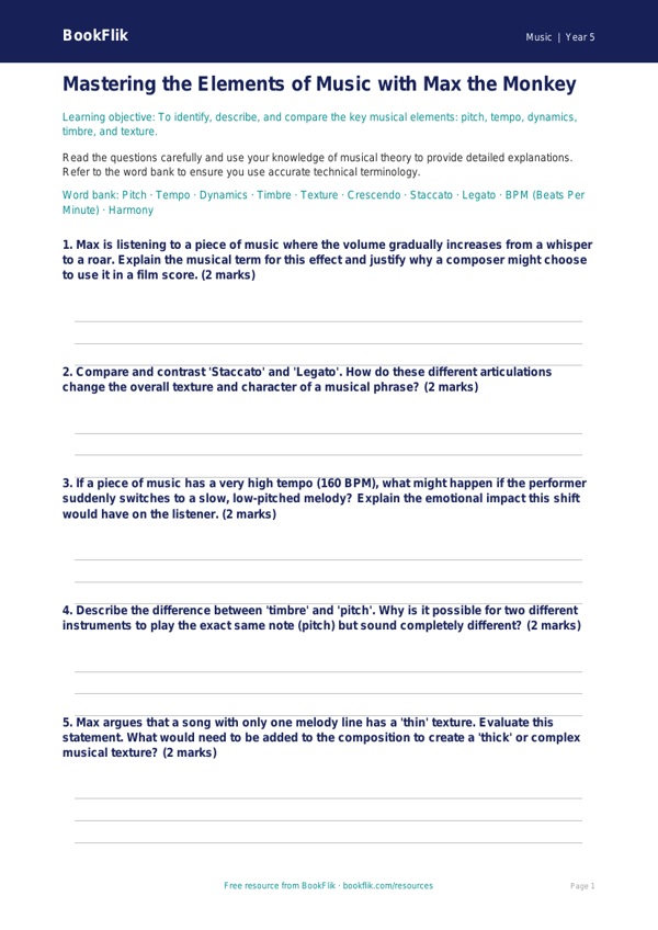Free Musical Elements Worksheet | Year 5 Greater Depth | BookFlik worksheet preview — Music Musical Elements