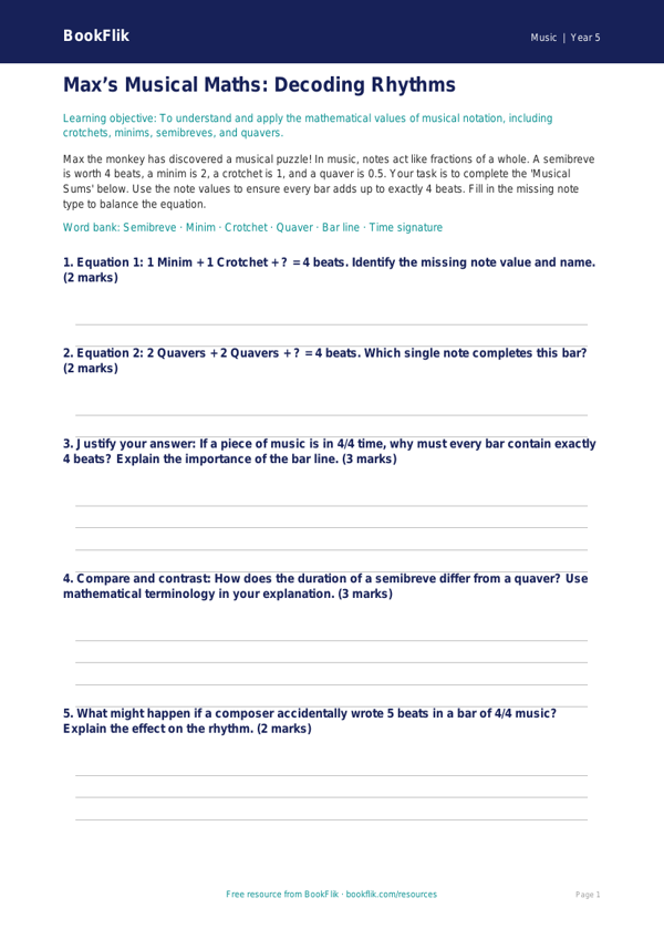 Free Notation Activity Sheet | Year 5 Greater Depth | BookFlik worksheet preview — Music Notation