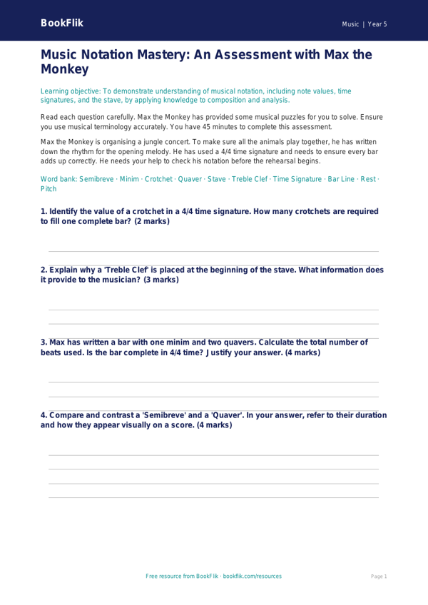 Free Notation Assessment | Year 5 Greater Depth | BookFlik worksheet preview — Music Notation