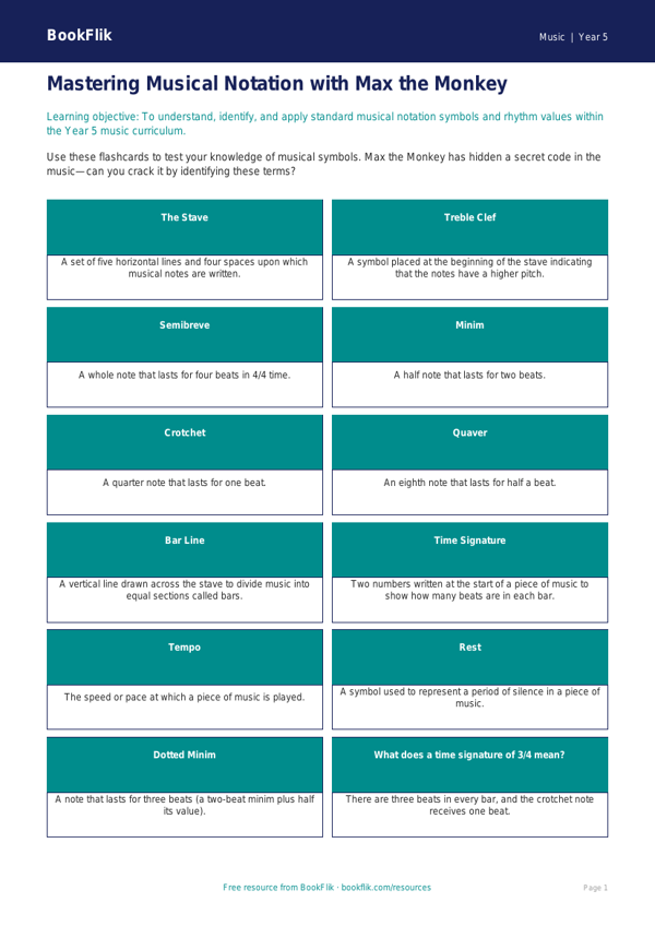 Free Notation Flashcards | Year 5 Greater Depth | BookFlik worksheet preview — Music Notation