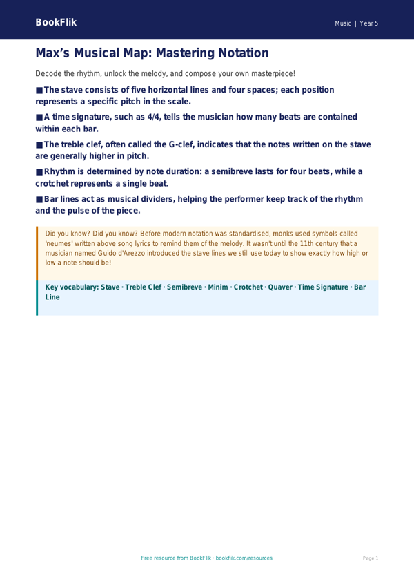 Free Notation Poster | Year 5 Greater Depth | BookFlik worksheet preview — Music Notation