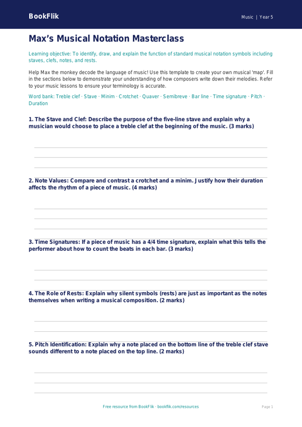 Free Notation Template | Year 5 Greater Depth | BookFlik worksheet preview — Music Notation