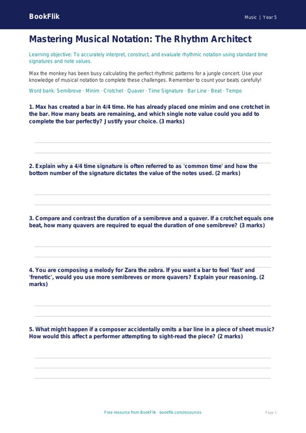 Free Notation Worksheet | Year 5 Greater Depth | BookFlik worksheet preview — Music Notation