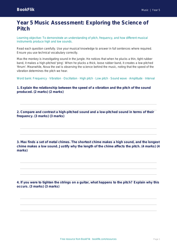 Free Pitch Assessment | Year 5 Greater Depth | BookFlik worksheet preview — Music Pitch
