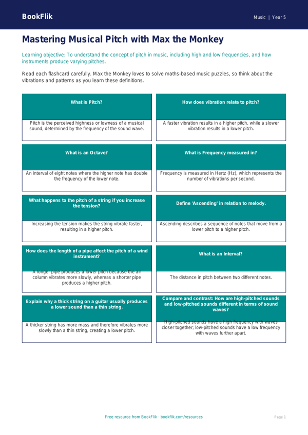 Free Pitch Flashcards | Year 5 Greater Depth | BookFlik worksheet preview — Music Pitch