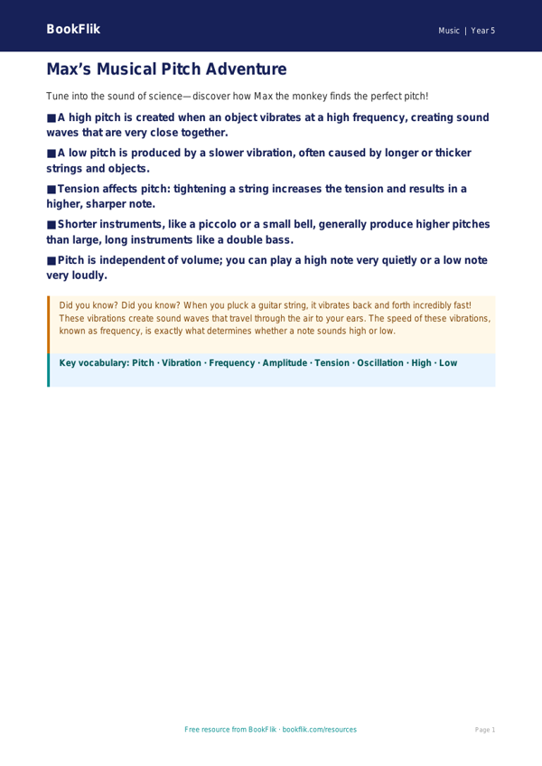 Free Pitch Poster | Year 5 Greater Depth | BookFlik worksheet preview — Music Pitch