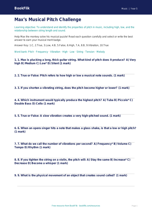 Free Pitch Quiz | Year 5 Greater Depth | BookFlik worksheet preview — Music Pitch