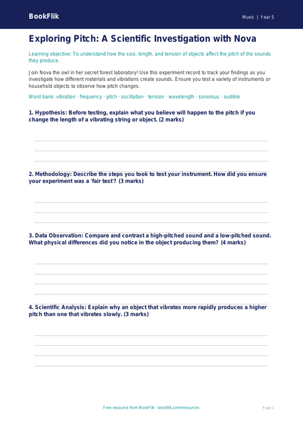 Free Pitch Template | Year 5 Greater Depth | BookFlik worksheet preview — Music Pitch