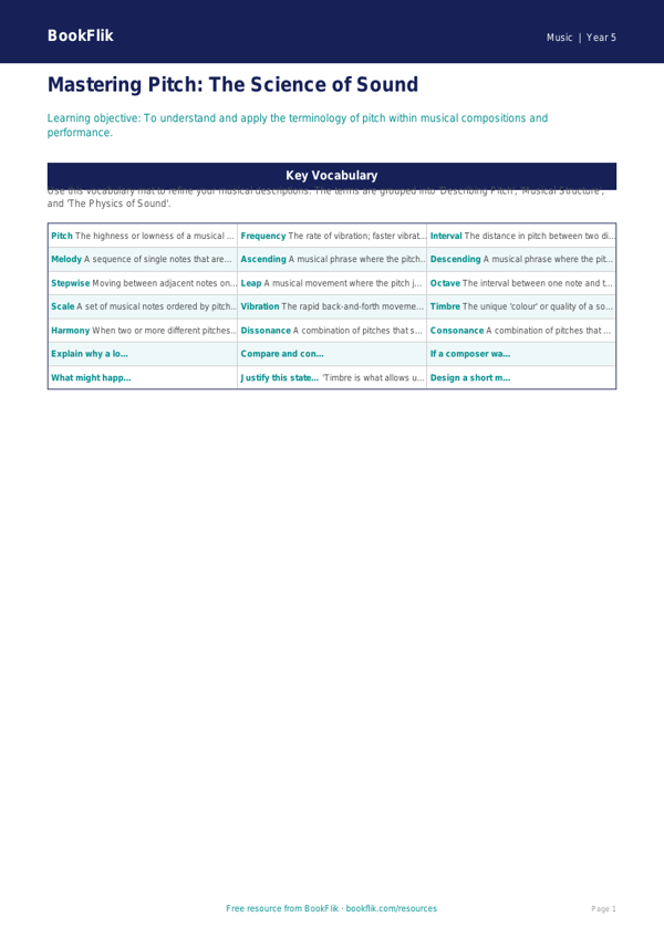 Free Pitch Word Mat | Year 5 Greater Depth | BookFlik worksheet preview — Music Pitch