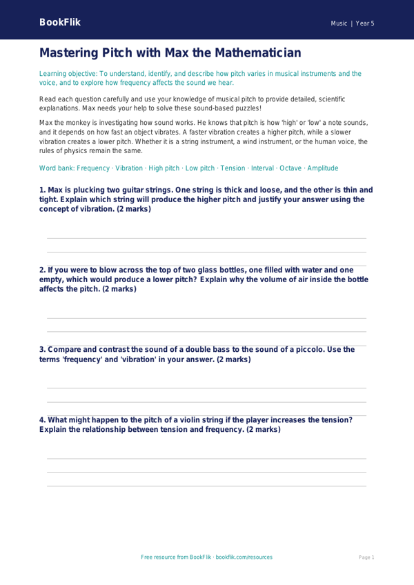 Free Pitch Worksheet | Year 5 Greater Depth | BookFlik worksheet preview — Music Pitch