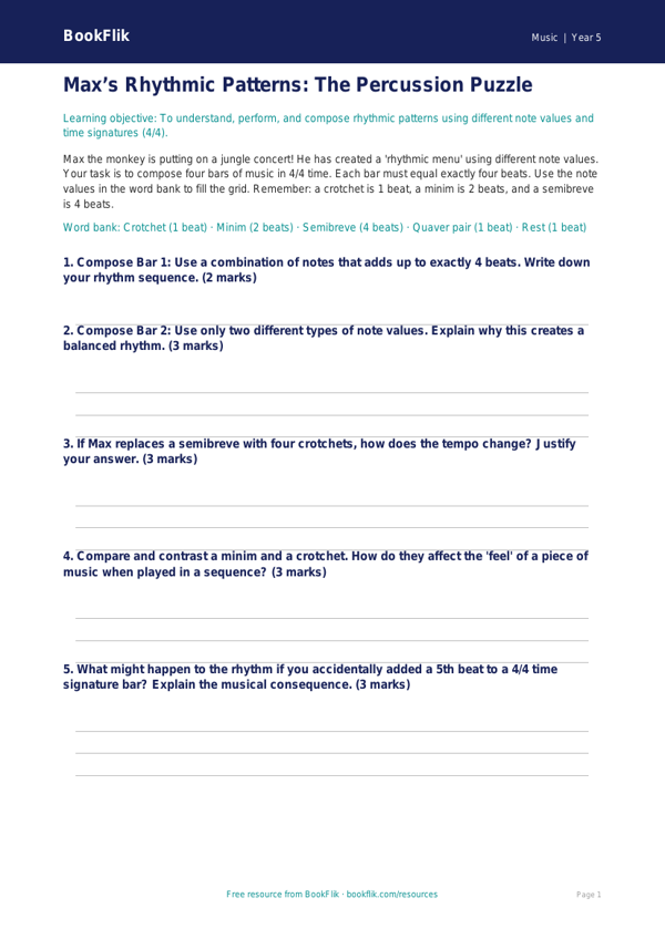 Free Rhythm Activity Sheet | Year 5 Greater Depth | BookFlik worksheet preview — Music Rhythm