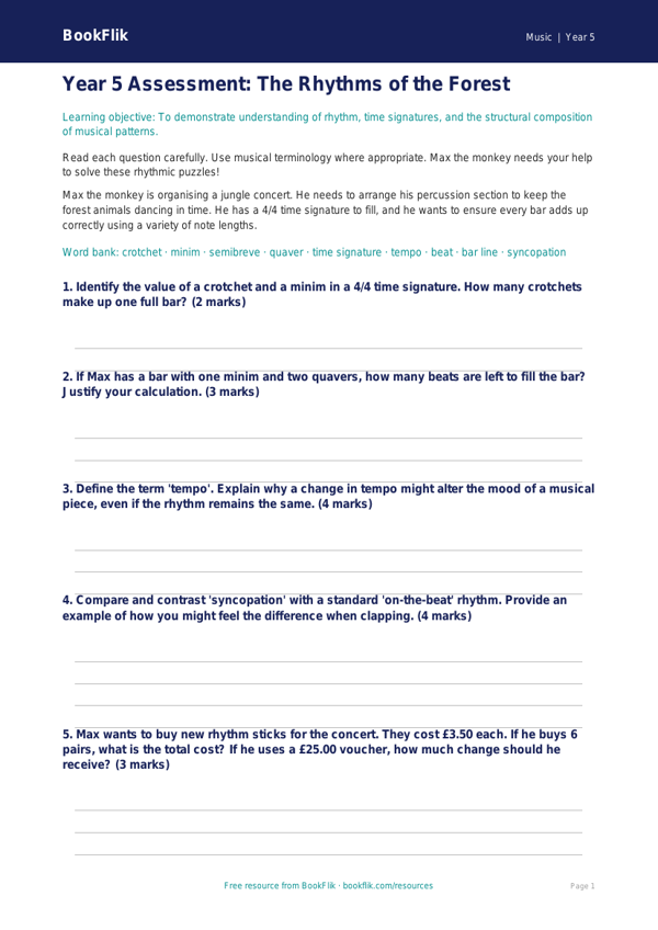 Free Rhythm Assessment | Year 5 Greater Depth | BookFlik worksheet preview — Music Rhythm