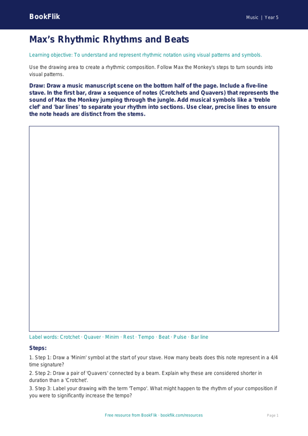 Free Rhythm Drawing Sheet | Year 5 Greater Depth | BookFlik worksheet preview — Music Rhythm