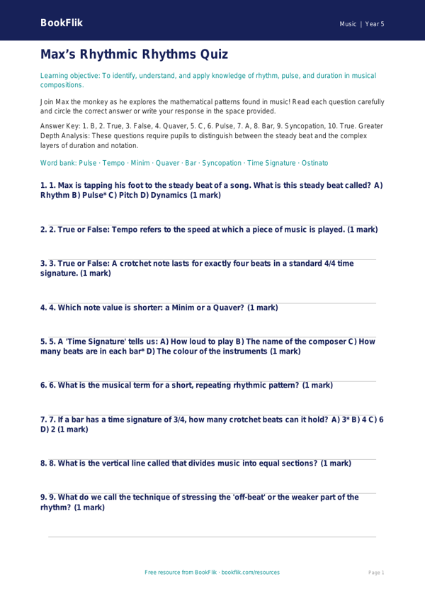 Free Rhythm Quiz | Year 5 Greater Depth | BookFlik worksheet preview — Music Rhythm