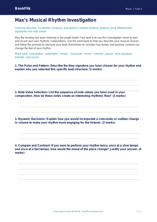 Free Rhythm Template | Year 5 Greater Depth | BookFlik worksheet preview — Music Rhythm