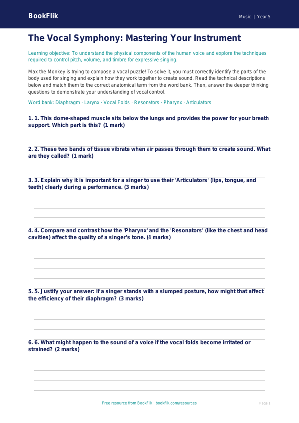 Free Singing Activity Sheet | Year 5 Greater Depth | BookFlik worksheet preview — Music Singing