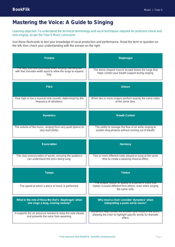 Free Singing Flashcards | Year 5 Greater Depth | BookFlik worksheet preview — Music Singing