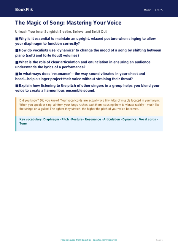 Free Singing Poster | Year 5 Greater Depth | BookFlik worksheet preview — Music Singing