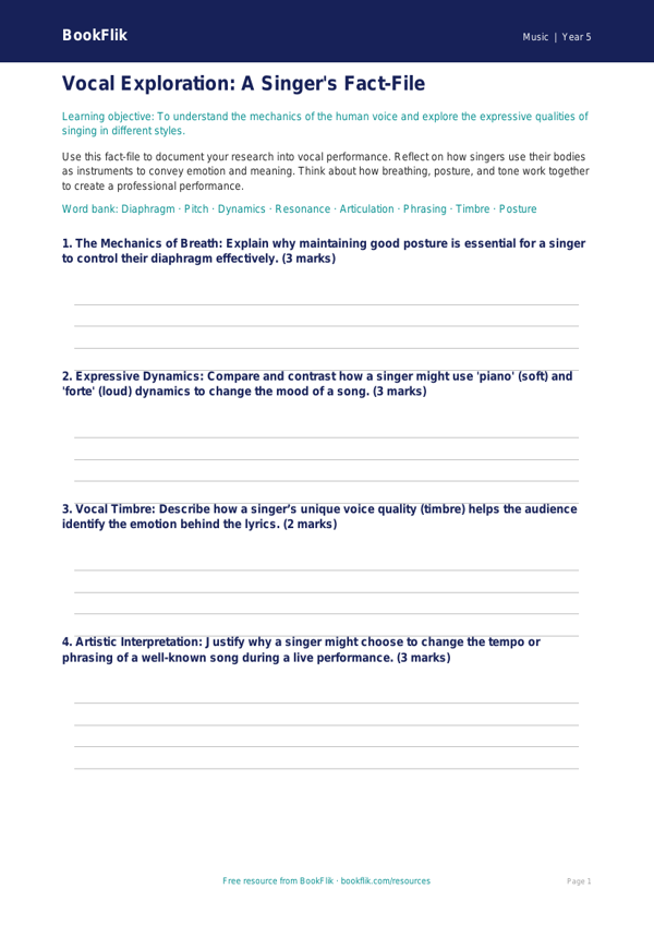 Free Singing Template | Year 5 Greater Depth | BookFlik worksheet preview — Music Singing