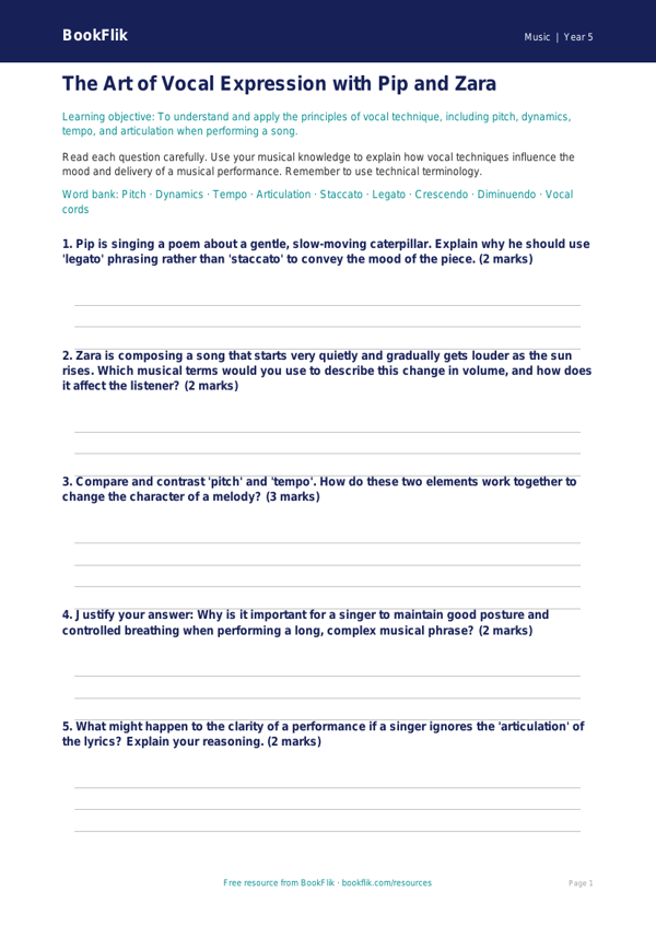 Free Singing Worksheet | Year 5 Greater Depth | BookFlik worksheet preview — Music Singing
