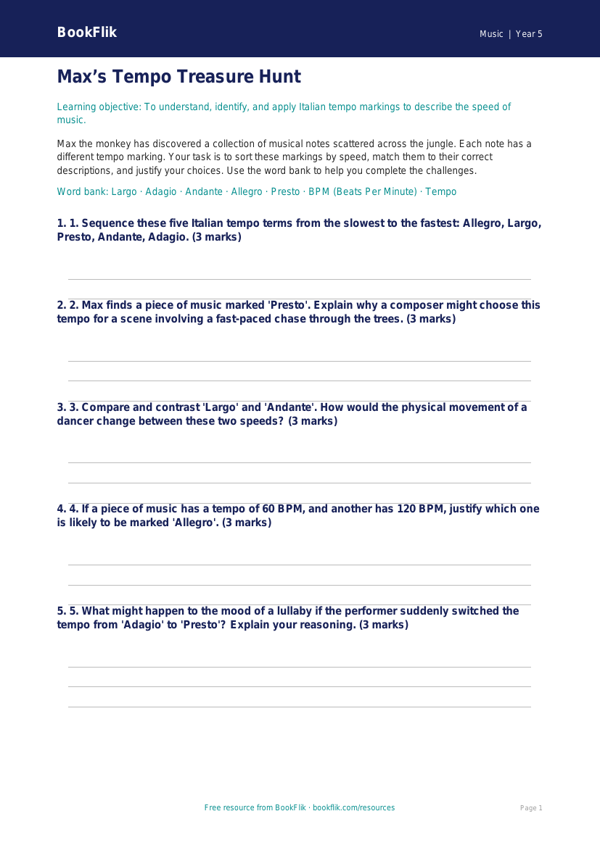 Free Tempo Activity Sheet | Year 5 Greater Depth | BookFlik worksheet preview — Music Tempo