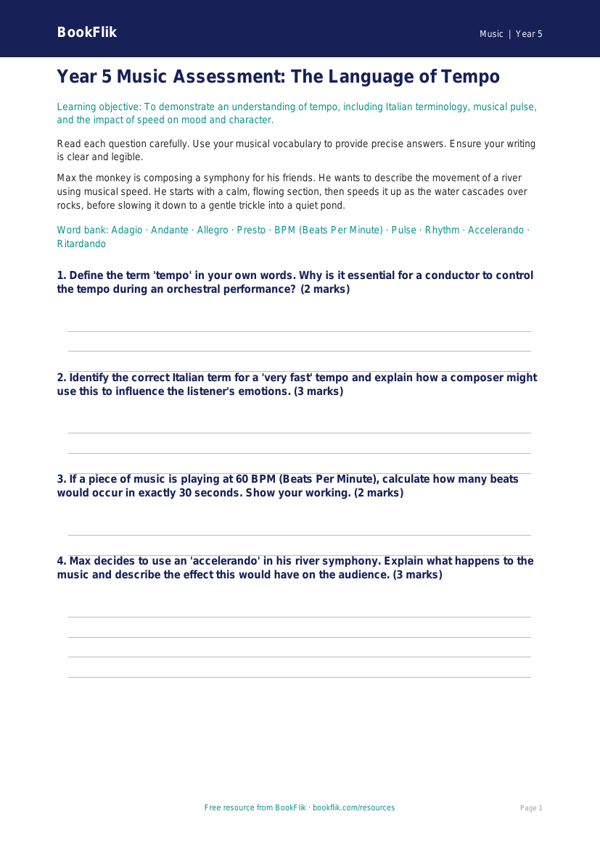 Free Tempo Assessment | Year 5 Greater Depth | BookFlik worksheet preview — Music Tempo
