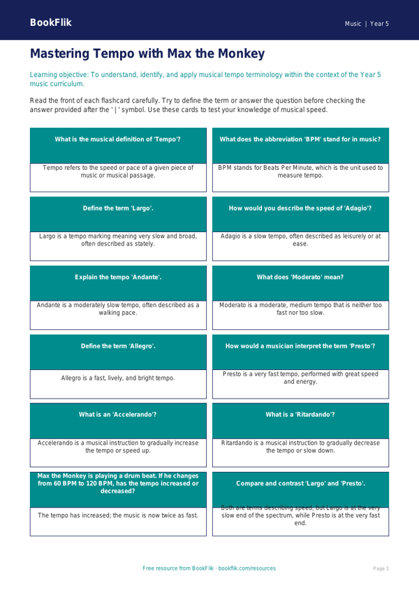 Free Tempo Flashcards | Year 5 Greater Depth | BookFlik worksheet preview — Music Tempo