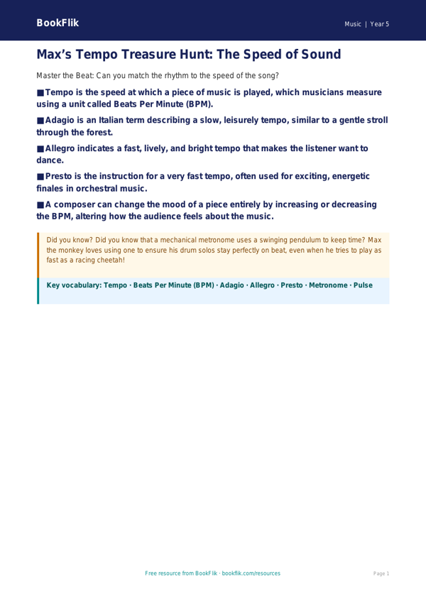 Free Tempo Poster | Year 5 Greater Depth | BookFlik worksheet preview — Music Tempo