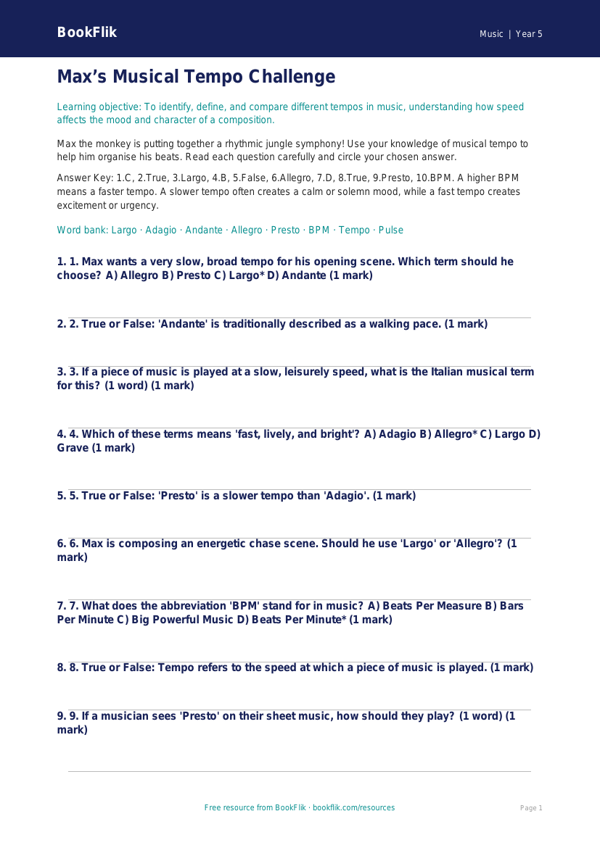 Free Tempo Quiz | Year 5 Greater Depth | BookFlik worksheet preview — Music Tempo