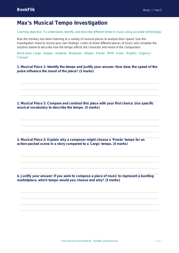 Free Tempo Template | Year 5 Greater Depth | BookFlik worksheet preview — Music Tempo
