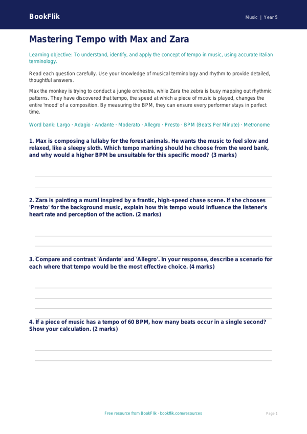 Free Tempo Worksheet | Year 5 Greater Depth | BookFlik worksheet preview — Music Tempo