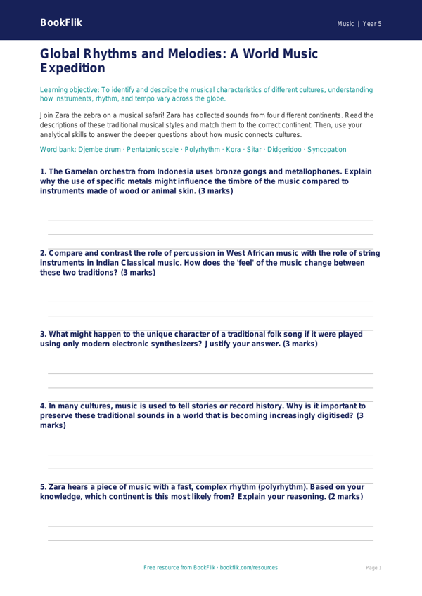 Free World Music Activity Sheet | Year 5 Greater Depth | BookFlik worksheet preview — Music World Music