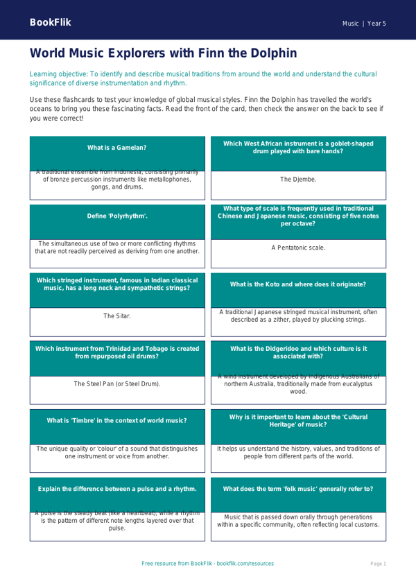 Free World Music Flashcards | Year 5 Greater Depth | BookFlik worksheet preview — Music World Music