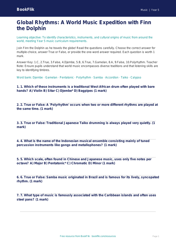 Free World Music Quiz | Year 5 Greater Depth | BookFlik worksheet preview — Music World Music