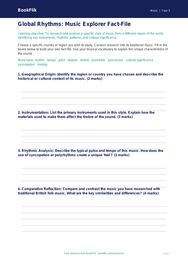 Free World Music Template | Year 5 Greater Depth | BookFlik worksheet preview — Music World Music