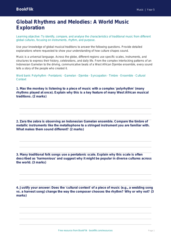 Free World Music Worksheet | Year 5 Greater Depth | BookFlik worksheet preview — Music World Music