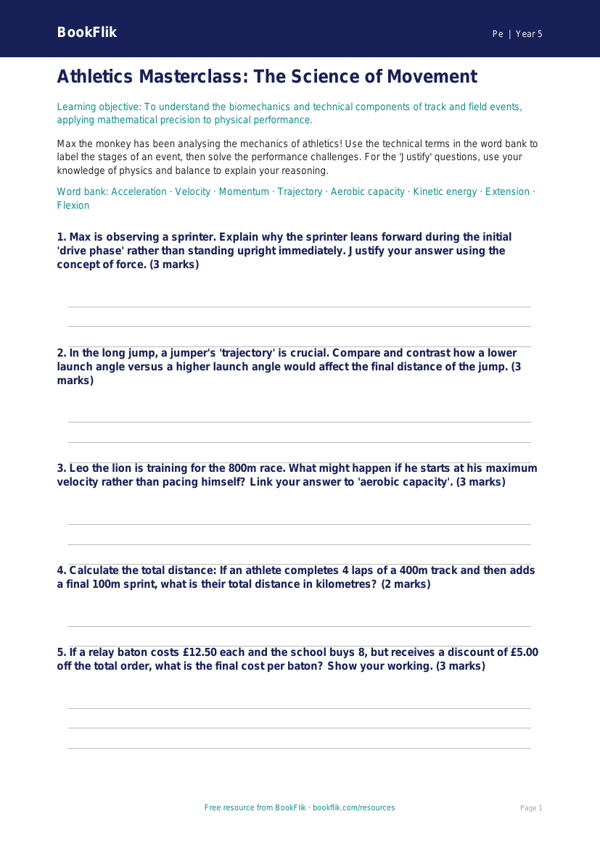 Free Athletics Activity Sheet | Year 5 Greater Depth | BookFlik worksheet preview — Pe Athletics